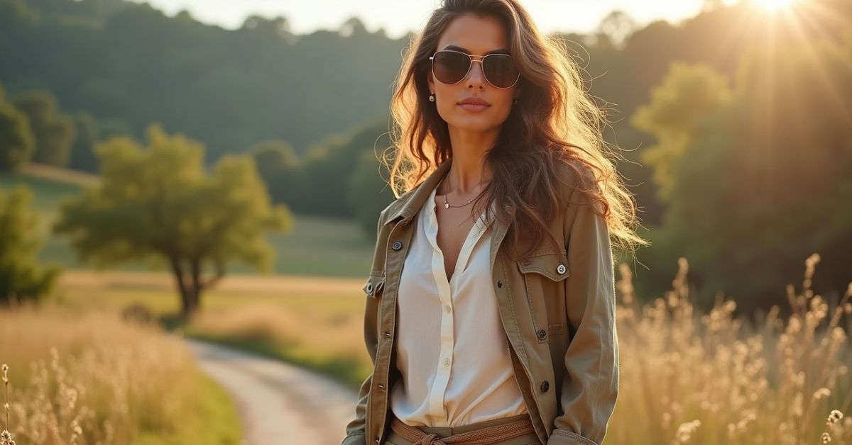 "Model in sustainable fashion outfit made from organic and recycled materials outdoors"