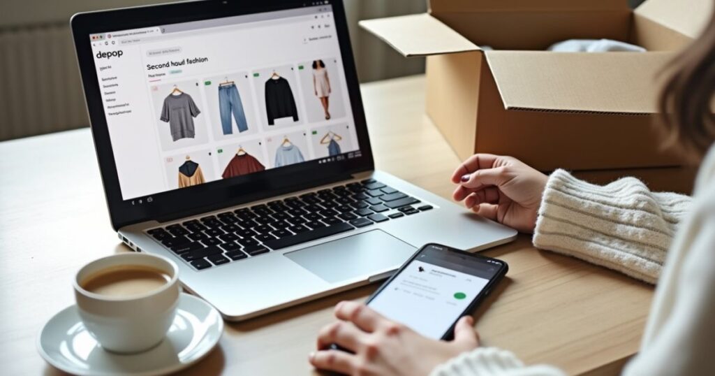 thrifting sustainable clothing online from a laptop on a cozy desk