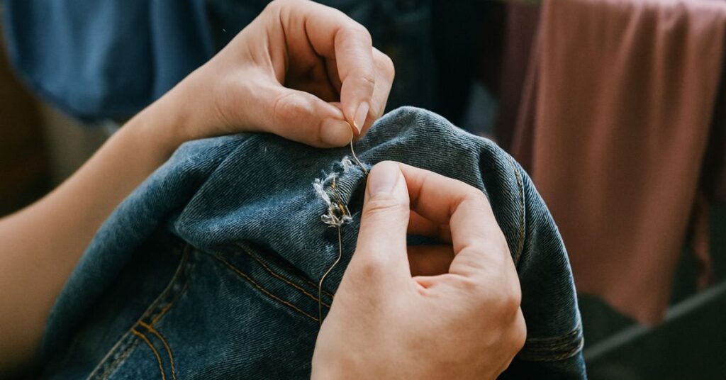 Practical mending and air-drying clothes as part of sustainable fashion care 