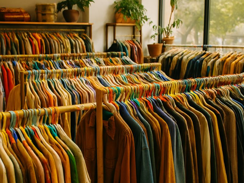 "Color coded thrift store discount tags on clothing"