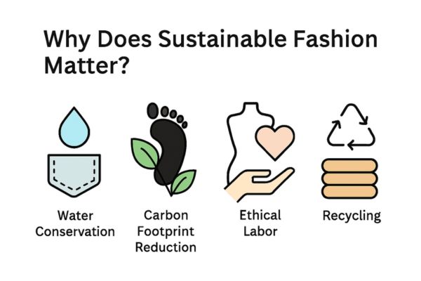 "Icons representing water savings, carbon reduction, ethical labor, and recycling in sustainable fashion"