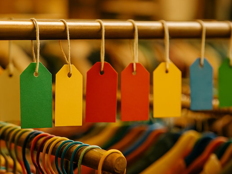 "Color coded thrift store discount tags on clothing"
