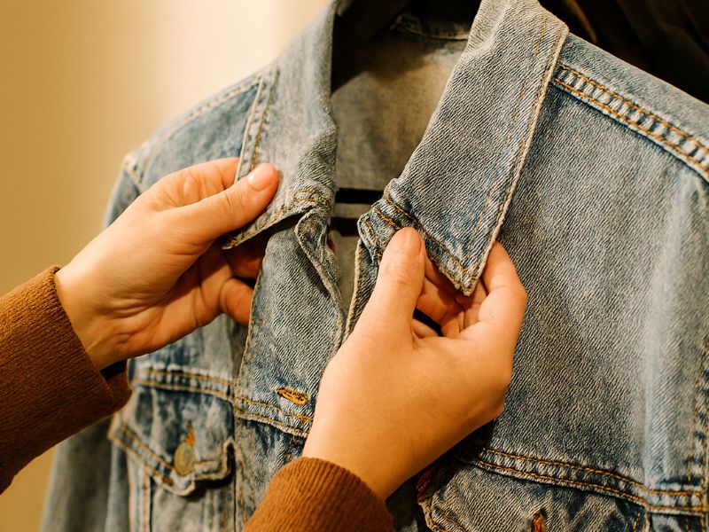 "Checking fabric quality on secondhand clothing in thrift store"