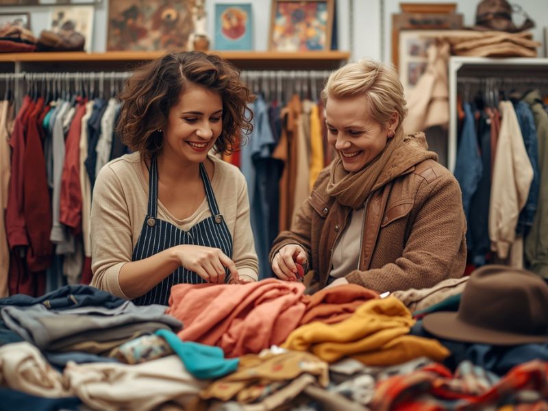 "Customer talking with friendly thrift store staff"