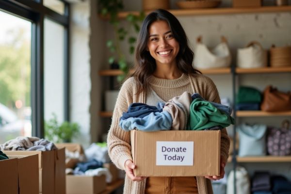 "Donating clothes at thrift store donation box"
