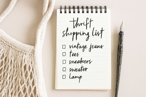 "Thrift shopping list on paper with reusable tote bag"