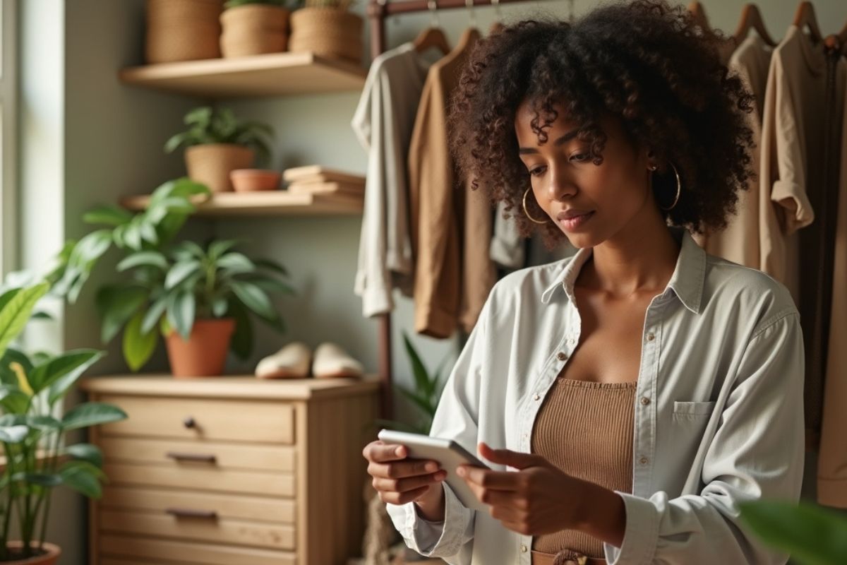 “Gen Z individual arranging a curated, minimalist closet.”