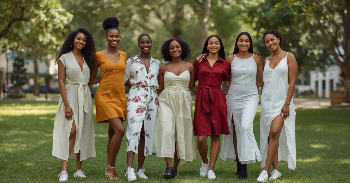 "Sustainable dresses collection featuring diverse women in eco-friendly fashion"