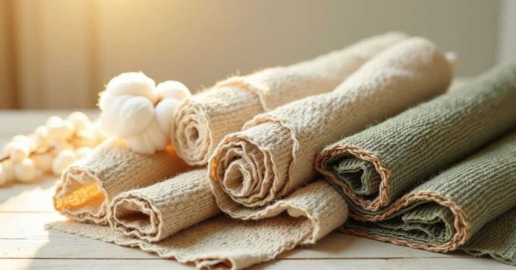 Sustainable fabrics: organic cotton, hemp, bamboo textures