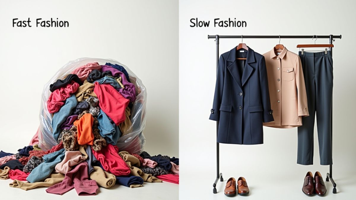 Visual comparison between a pile of disposable fast fashion and a curated collection of timeless slow fashion pieces.
