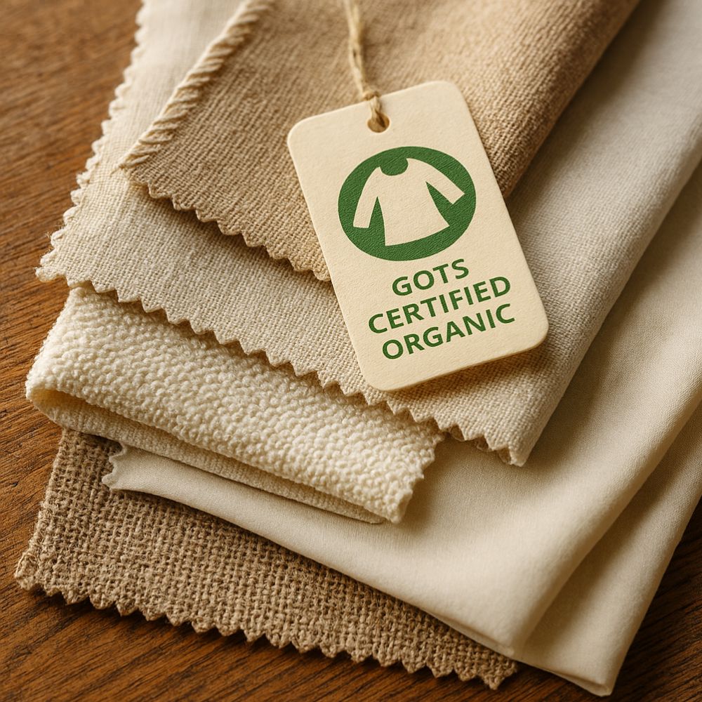 Close-up shot of sustainable fabric swatches including organic cotton, linen, hemp, and Tencel with certification tags.