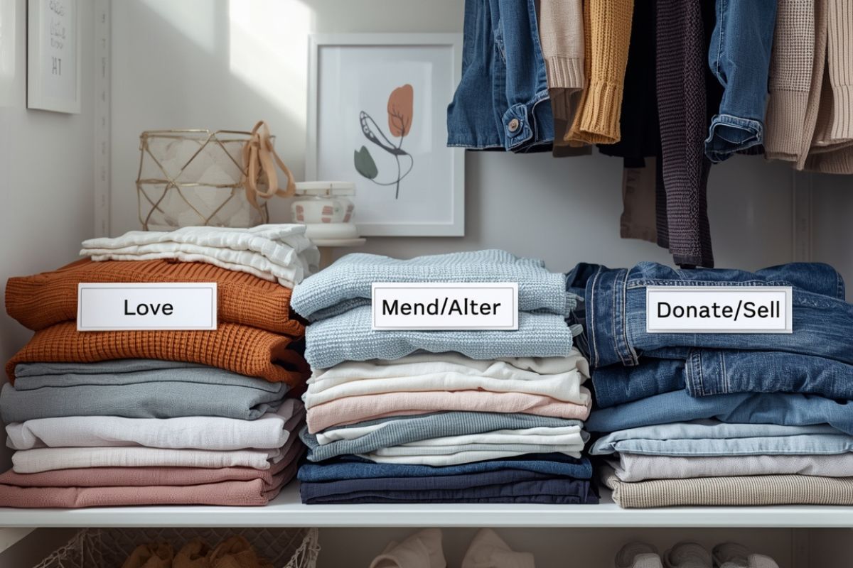 How to build a sustainable wardrobe on a budget closet audit with Love, Mend, and Donate piles