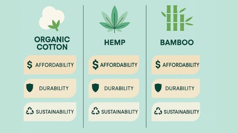 "Comparison infographic of sustainable fabrics: organic cotton, hemp, bamboo"