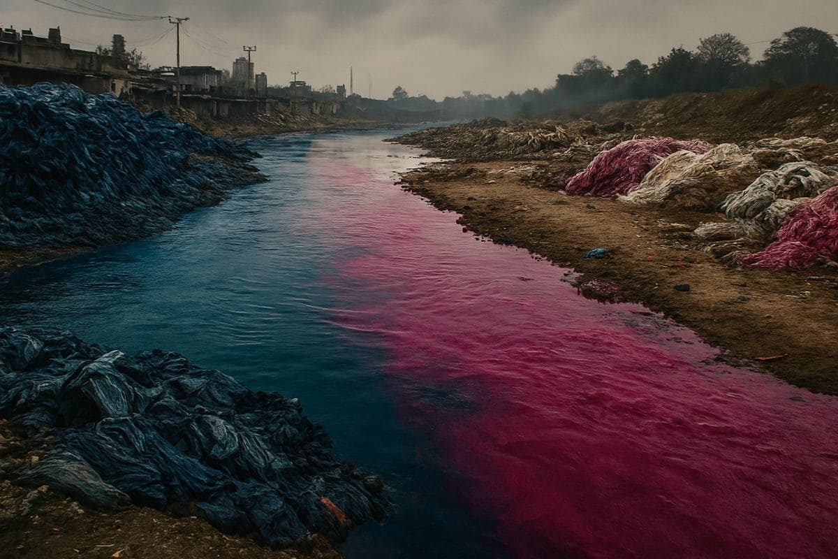 River polluted by toxic chemicals from fashion industry dyeing processes.