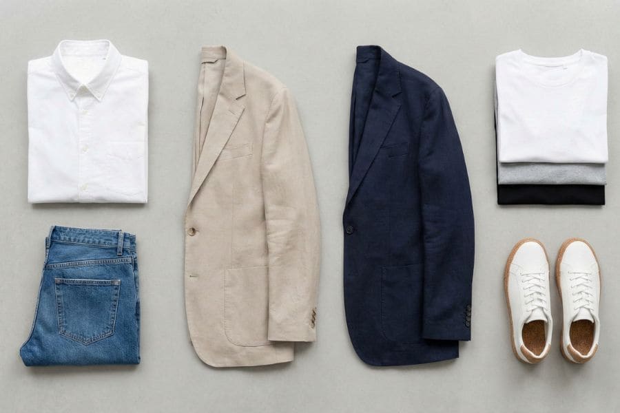 Capsule wardrobe essentials of sustainable clothing including organic denim and cotton tees 
