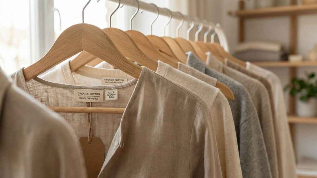 Eco-friendly fashion claims shown through clothing labels and sustainable fabrics