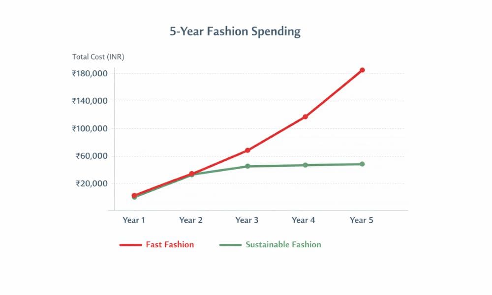 Line graph showing a 5‑year cost comparison that proves is sustainable fashion expensive? Fast fashion costs ₹160,000 while sustainable fashion costs only ₹45,000.
