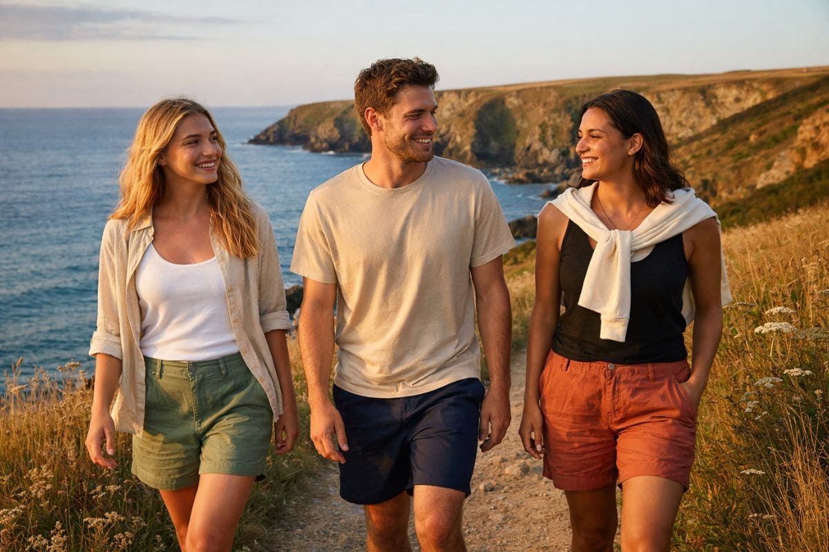 Best sustainable shorts UK 2026 hero image showing organic cotton and recycled shorts on a British beach