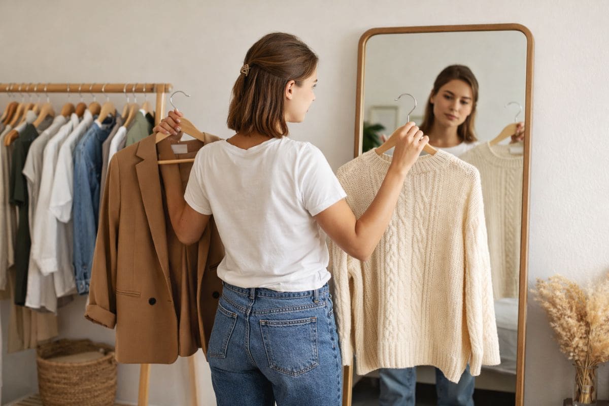 🖼️ IMAGE 3 (BENEFITS / MONEY SAVING) ### 🎨 Image Prompt: “Woman comparing outfits in front of a mirror with a small curated wardrobe, natural lighting, thoughtful expression, minimalist lifestyle, budget fashion concept”