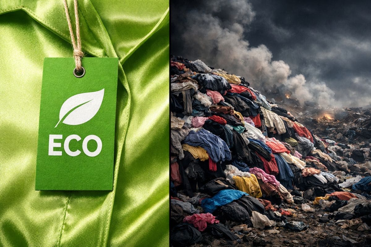 Fashion greenwashing exposed – a green leaf eco-label on a plastic shirt showing deceptive marketing