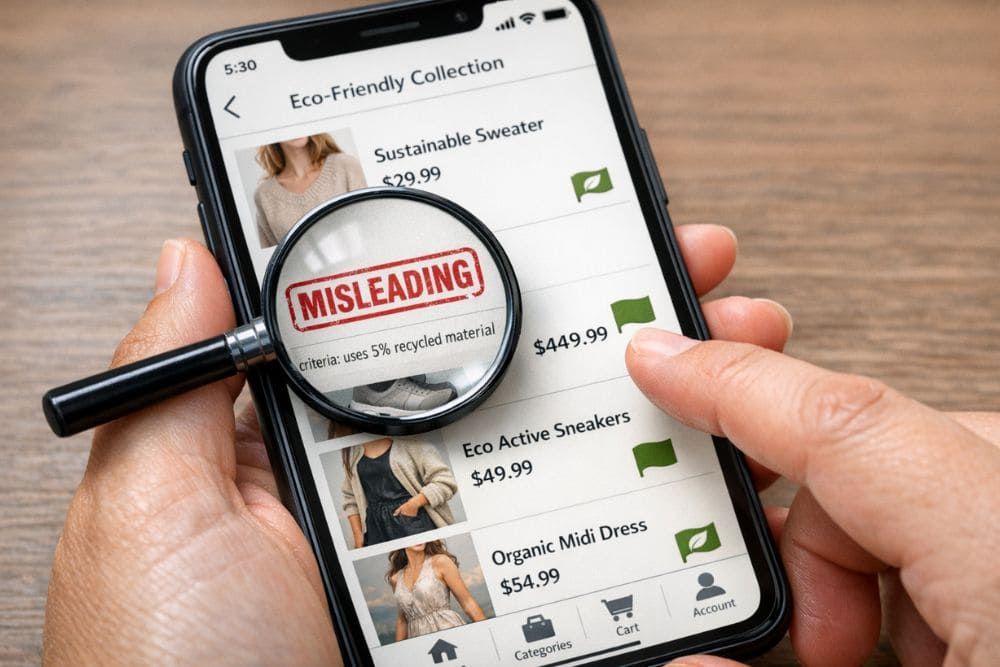 Fashion greenwashing uses green flags and eco colors to manipulate consumer emotions without proof