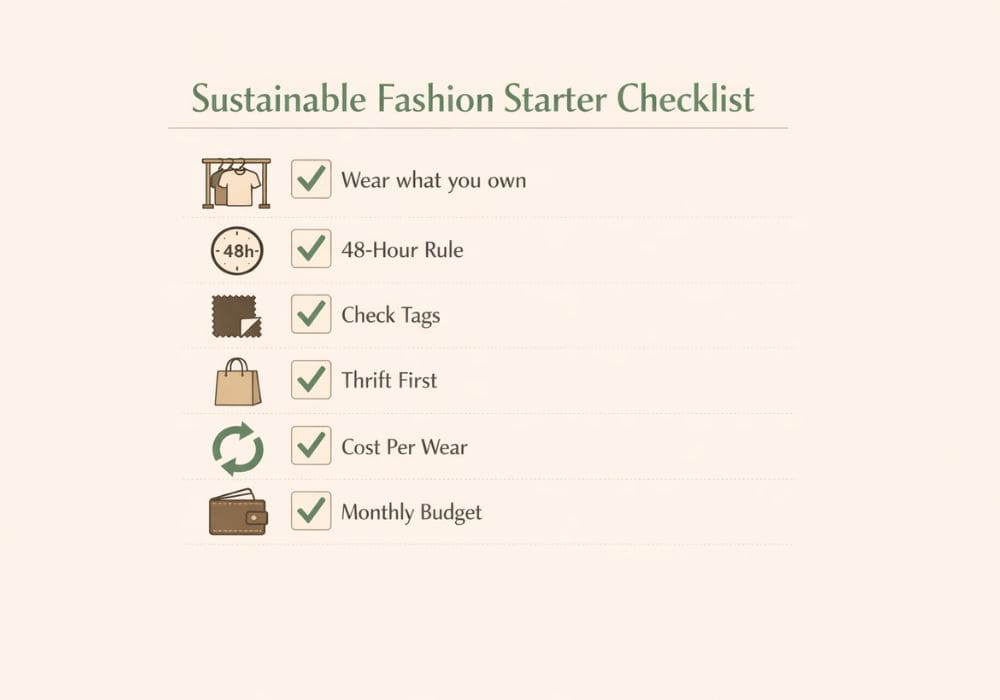 Printable checklist for sustainable fashion beginners – answering is sustainable fashion expensive? No, if you follow these 7 steps.