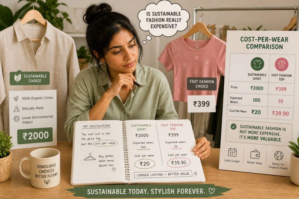 A woman thoughtfully comparing a ₹2000 sustainable shirt and a ₹399 fast-fashion top, calculating if sustainable fashion is expensive using a notebook and cost-per-wear chart.