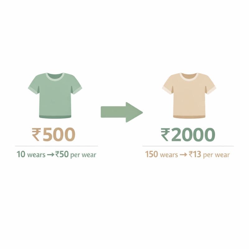 Bar chart comparing cost per wear of fast fashion (₹50) versus sustainable fashion (₹13), answering the question: is sustainable fashion expensive?