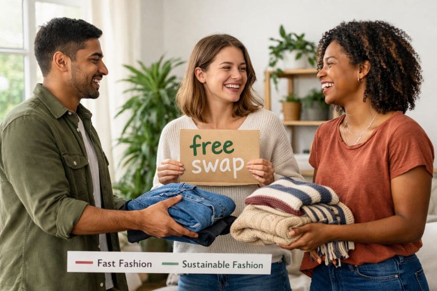 Two friends exchanging clothes at a clothing swap – a practical answer to the question: is sustainable fashion expensive? No, when you swap or thrift.