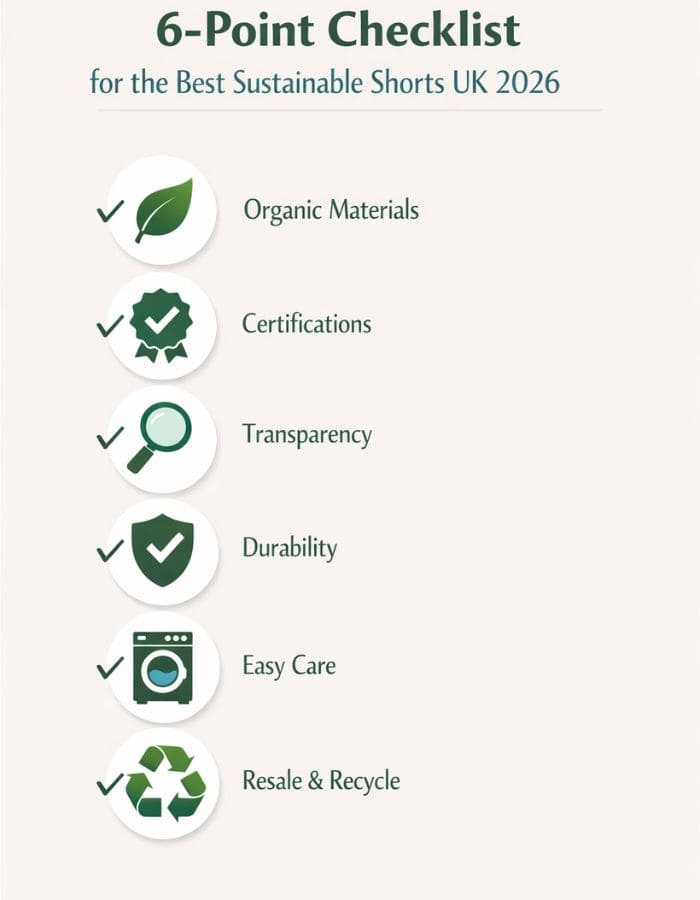 Buying checklist for best sustainable shorts UK 2026 – materials, certifications, durability, resale
