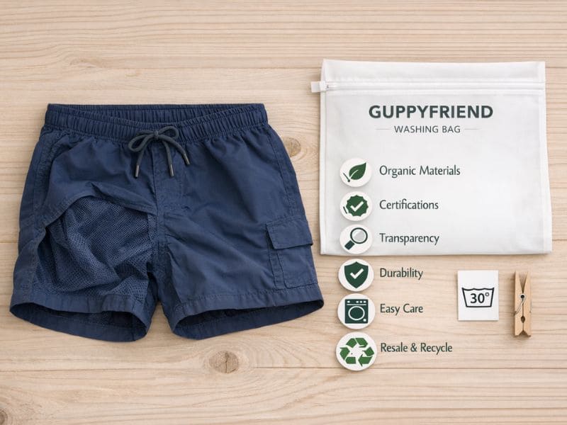Care tips for best sustainable shorts UK 2026 – cold wash, line dry, microfiber bag for recycled shorts