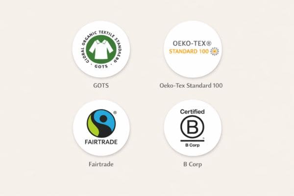 Certification badges for best sustainable shorts UK 2026 including GOTS, Oeko-Tex, Fairtrade, and B Corp