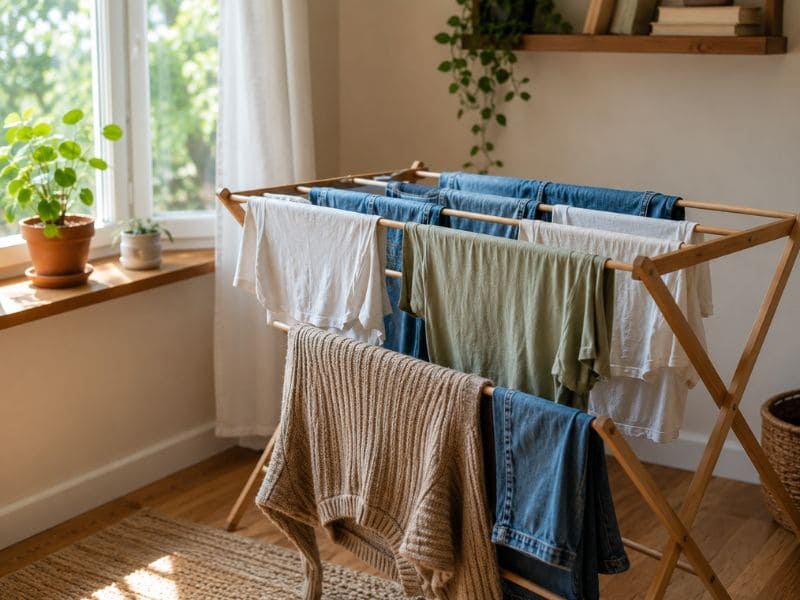 How to start a sustainable wardrobe on a budget – air drying clothes on a rack to make them last longer
