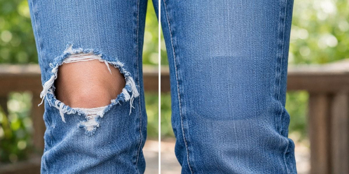 Before and after collage showing how to repair ripped jeans without sewing using multiple methods