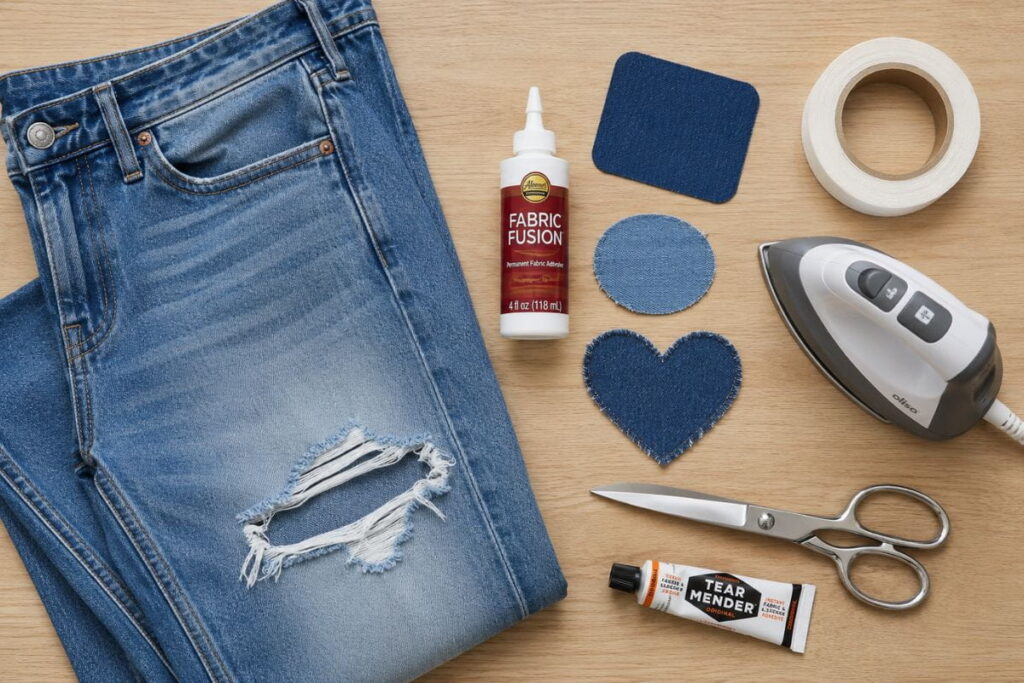 How to repair ripped jeans without sewing – flat lay of fabric glue, iron-on patches, and scissors
