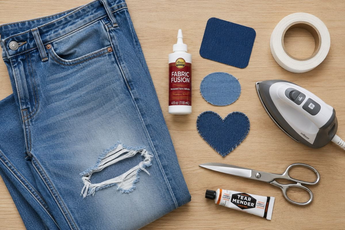 How to repair ripped jeans without sewing – flat lay of fabric glue, iron-on patches, and scissors