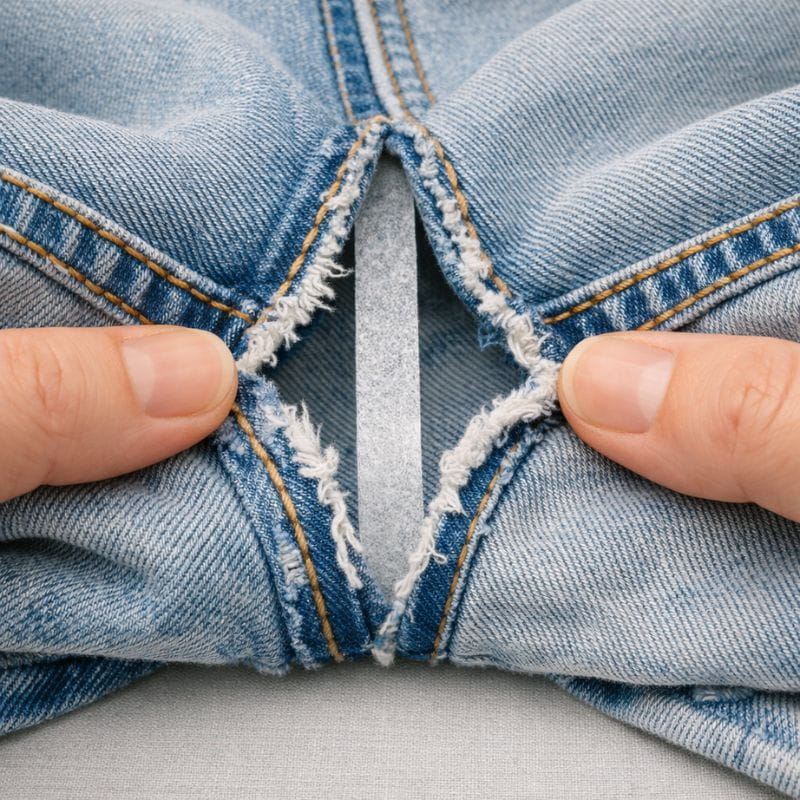 Inserting fusible web tape inside a torn inseam to how to repair ripped jeans without sewing