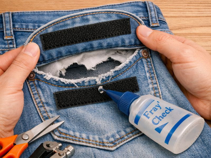 Sticking adhesive Velcro to a detached pocket to how to repair ripped jeans without sewing