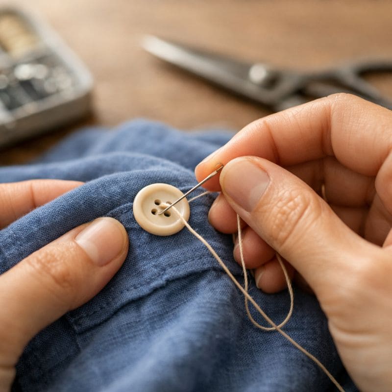 How to start a sustainable wardrobe on a budget – sewing a button to repair clothes instead of throwing them away 