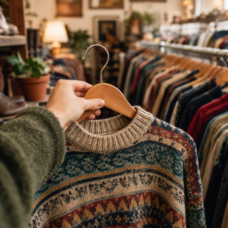 How to start a sustainable wardrobe on a budget – finding a quality wool sweater at a thrift store 